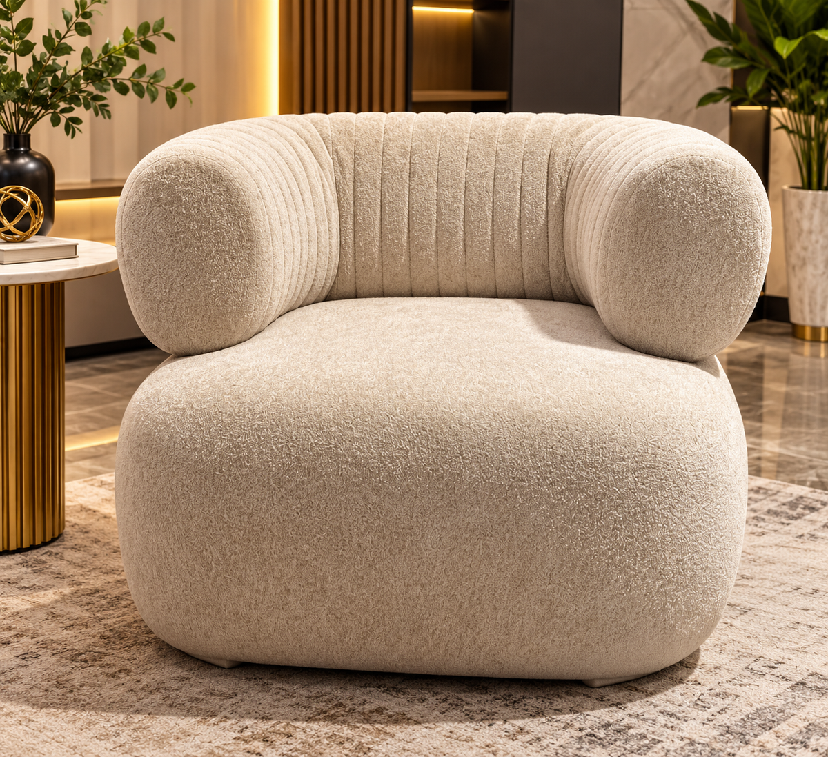 Modern Beige Lounge Chair – Premium Channel Upholstered Accent Chair