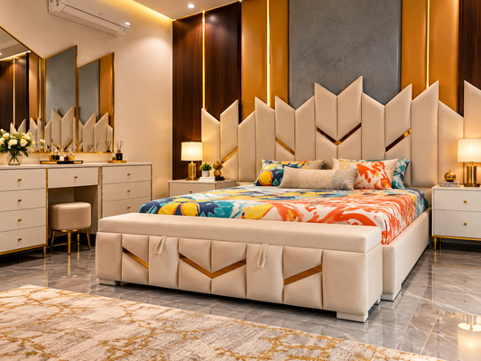 Modern Luxury Upholstered Bed – Geometric Gold Accent Design