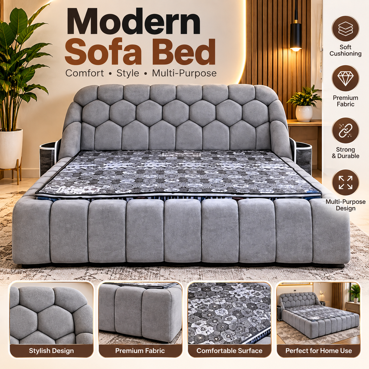 Modern Luxury Sofa Bed – Premium Upholstered Convertible Bed