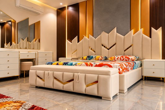 Modern Luxury Upholstered Bed – Geometric Gold Accent Design