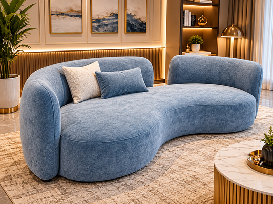 Modern Blue Curved Sofa – Luxury Sculptural 2-Seater Sofa