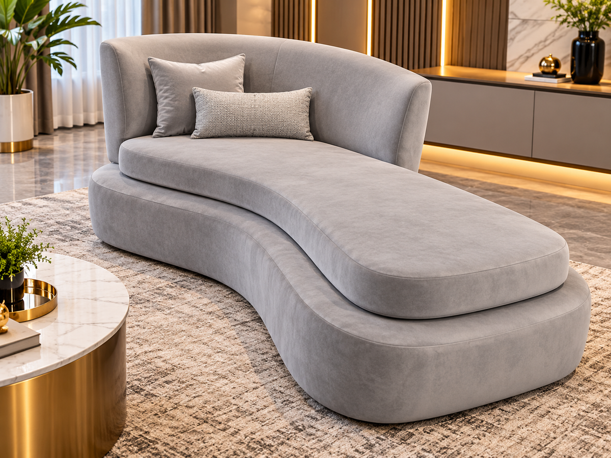 Modern Grey Chaise Lounge – Luxury Curved Upholstered Sofa